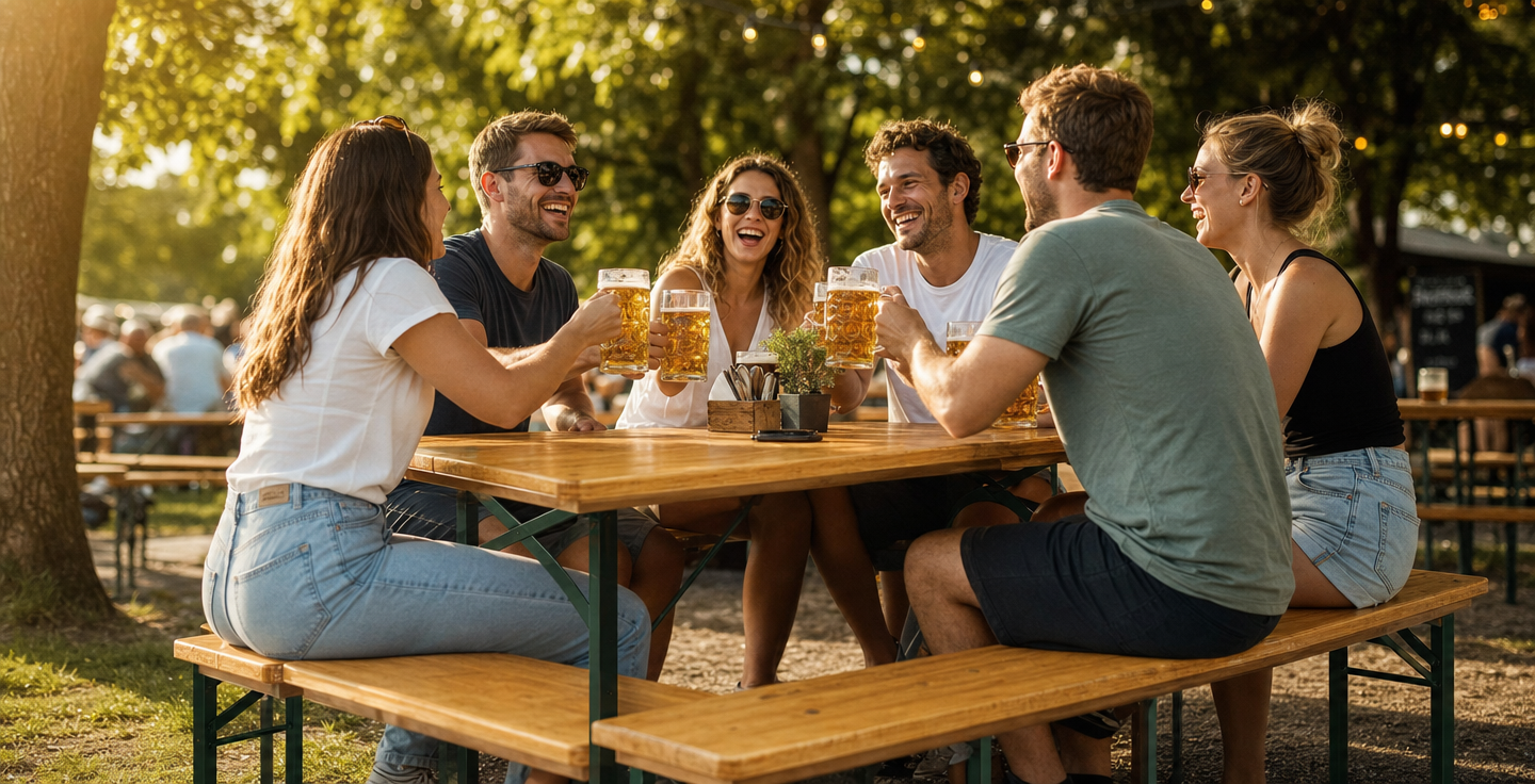 Bierzeltgarnitur mieten Heidelberg – Freunde stossen an