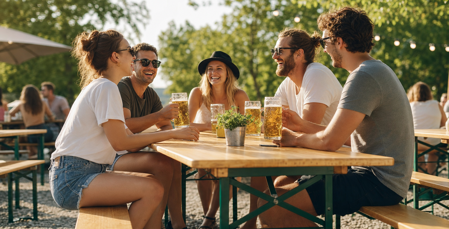 Klappbare Bierzeltgarnitur mit Freunden in Heidelberg